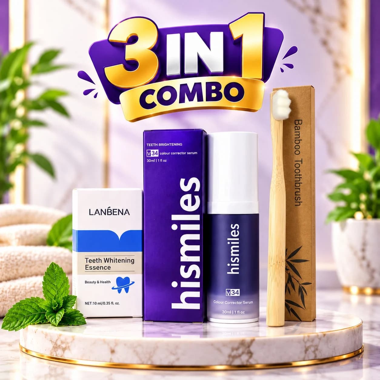 3 in 1 Premium Teeth Whitening Combo – HiSmile V34 + LANBENA Essence + Bamboo Toothbrush