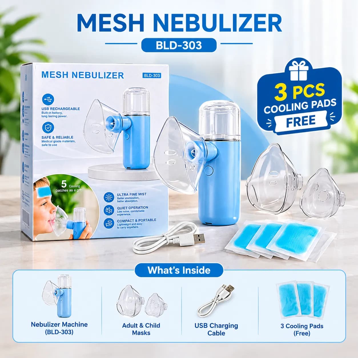 Rechargeable Mesh Nebulizer Machine BLD-303 with 3 Free Cooling Pads